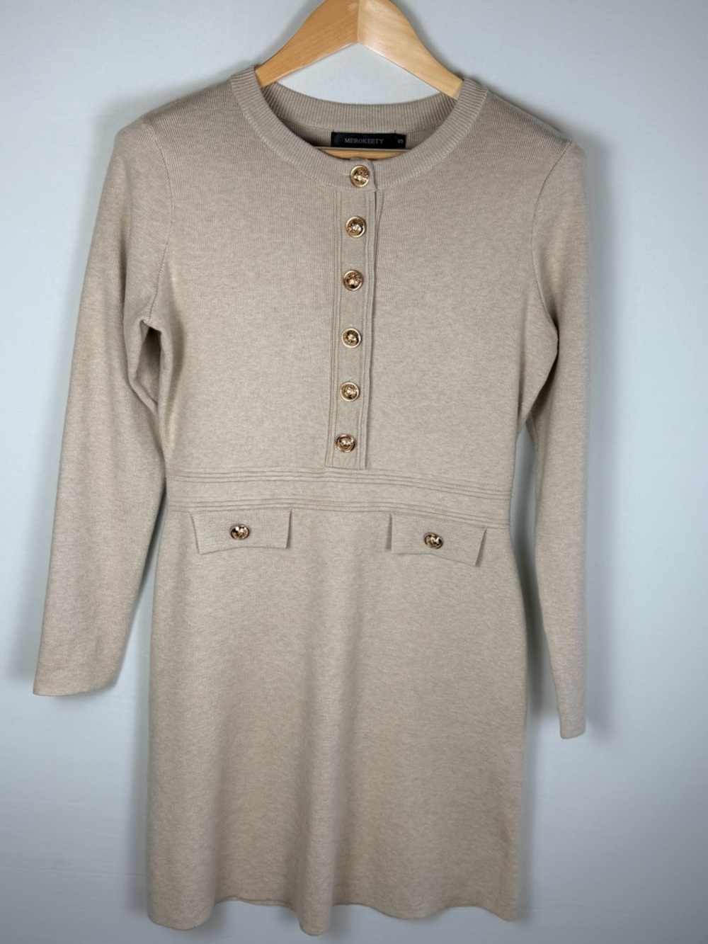 MEROKEETY Small Beige Knit Sweater Dress Gold Button Fit Flare Preppy Soft Girl